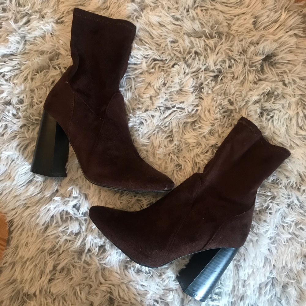 chocolate brown faux suede sock bootie
